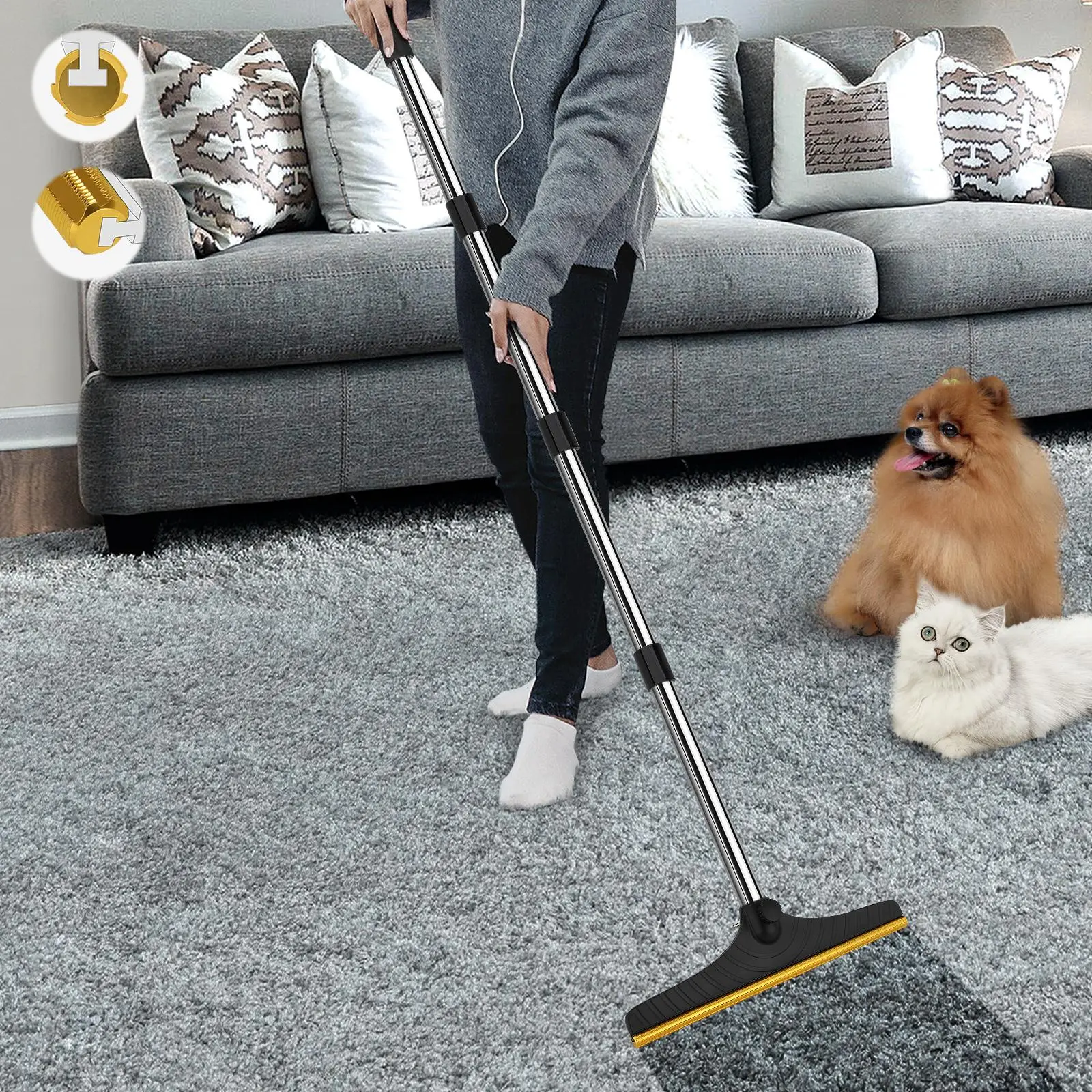 Pet Hair Removal Broom, 1 Count Reusable Carpet Rake with 60'' Long Handle, Lint Remover Scraper for Carpets, Rugs, Mats, Couch