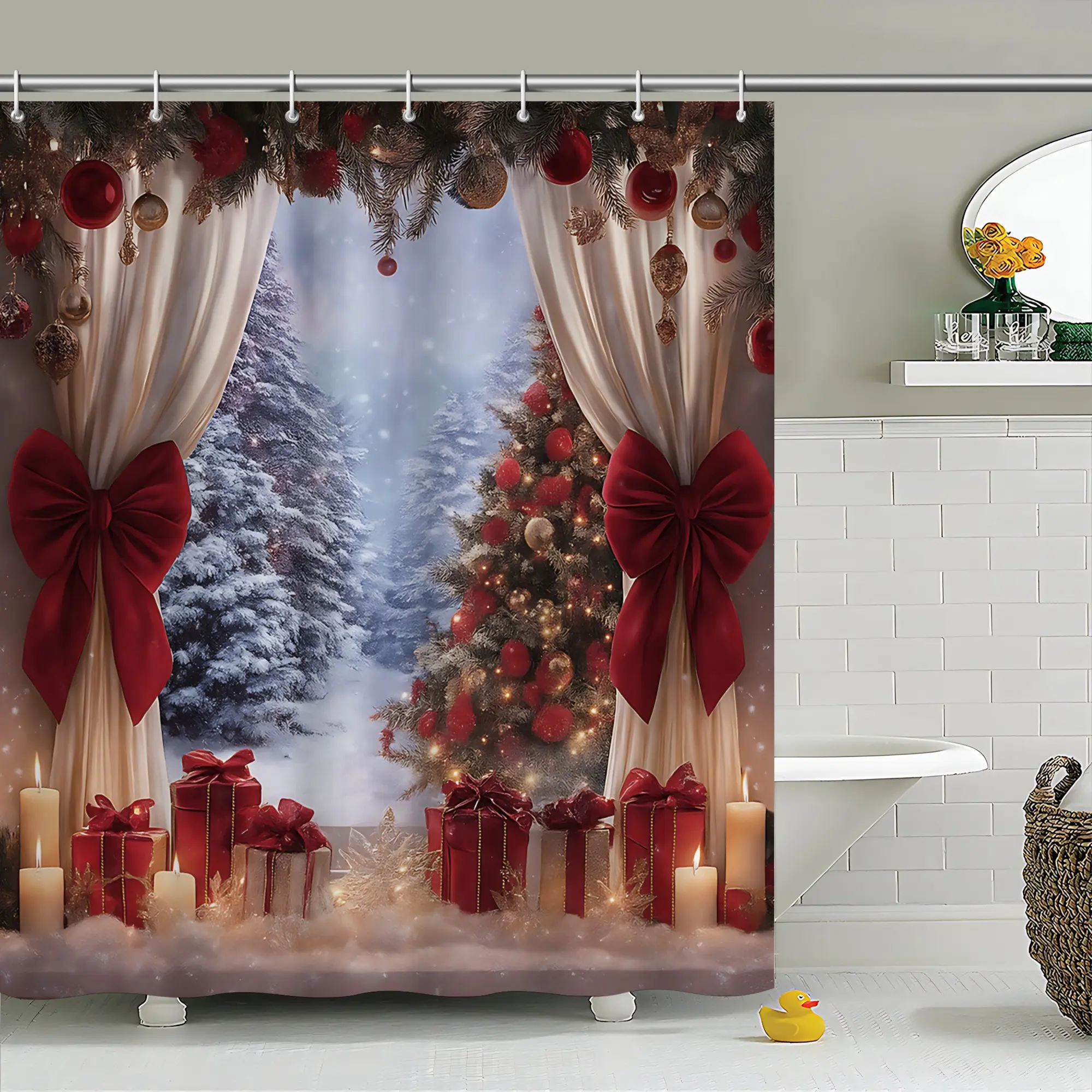 Waterproof Decorative Christmas Shower Curtain Set, 1/3/4-Pcs Thick Polyester Curtain with Snowy Winter Wonderland, Pine Trees, Red Ribbon Design, Stainless Steel Hooks Included, 66x72in Bathroom Hanging Decor