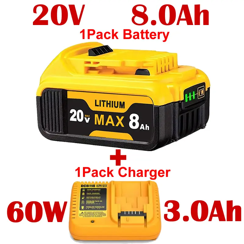 DeWalt 20V Lithium Cordless Tool Accessories Replacement Combo Kit - High Quality Battery Cells, 1x 8000mAh 160Wh Batteries, 1x Fast-Charging DCB200 Charger with 3-LED Fuel Gauge System, Short Circuit Protection, Portable for Household Use