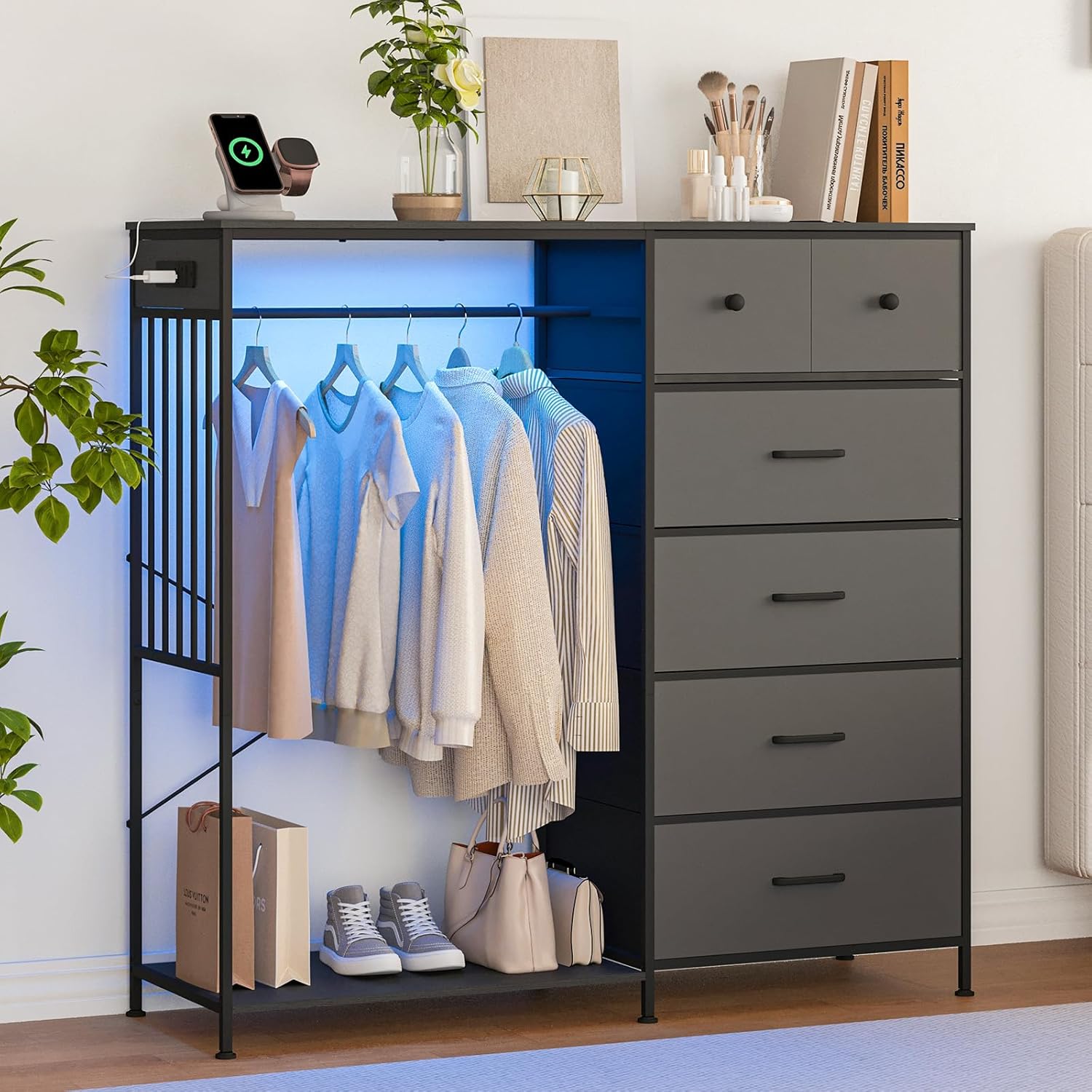 49.2" w Dresser with Hanging Rack & LED Lights, 6-Drawer Closet Organizer with Charging Station, Tall Storage Tower for Bedroom, Reversible Wood Top Chest, Sturdy Frame