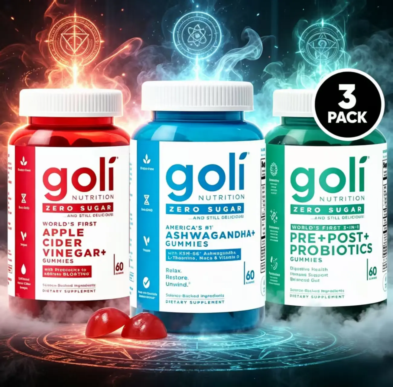 Goli Zero Sugar 3 Pack Gummies Bundle | Apple Cider Vinegar, Ashwagandha, Pre+Post Probiotics, Gut Digestion
