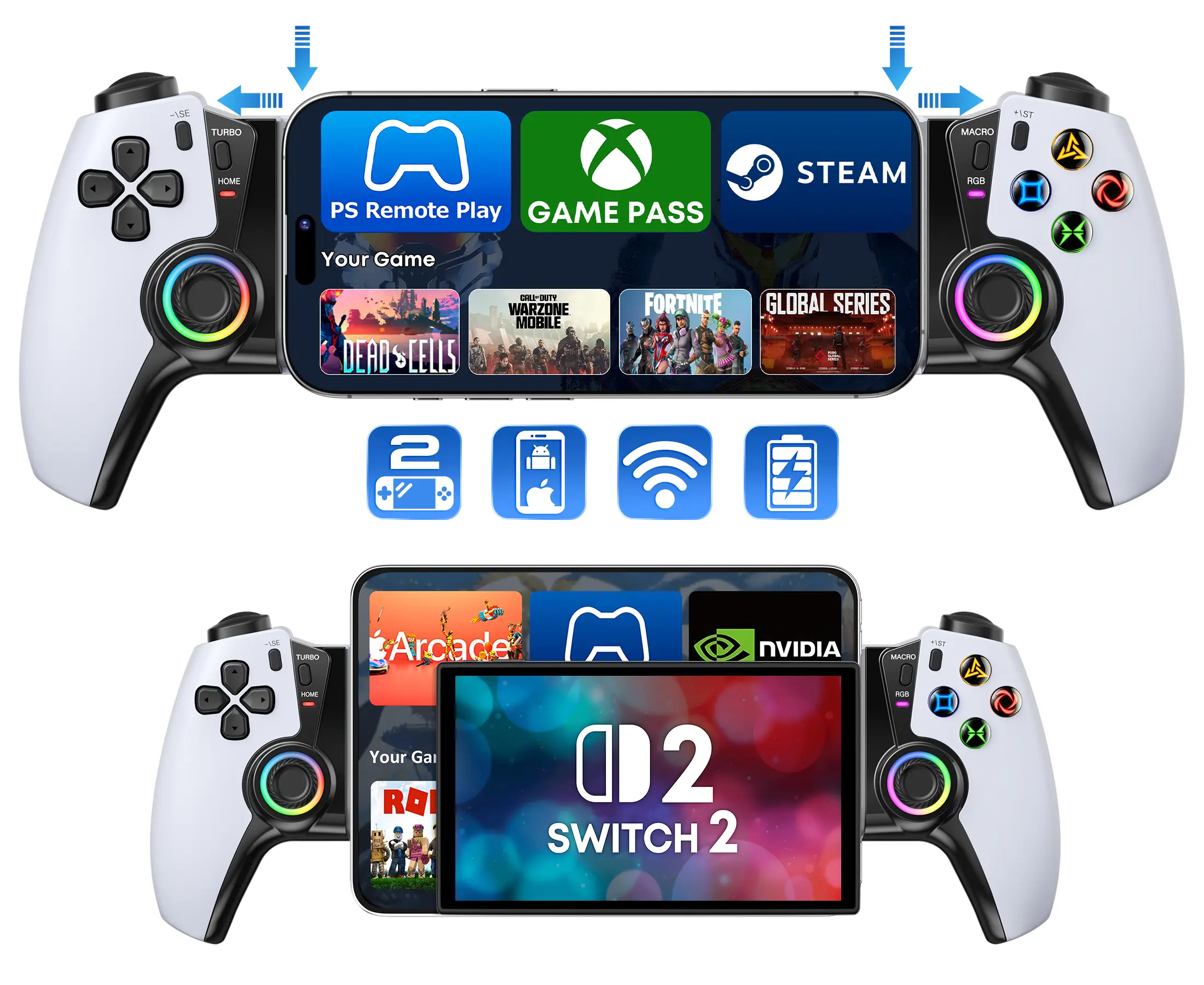 Bluetooth Telescopic Mobile Game Controller with Hall Effect Joysticks, RGB Lighting, Custom Programmable Back Buttons, Adjustable Durable Design – Smartphone Handheld Gaming Accessory for iOS, Android Devices, PS Remote Play, Xbox Cloud Gaming, Accessori