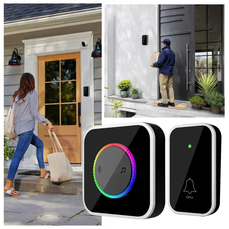 Wireless Doorbell for Homes - Outdoor Waterproof Visitor Alert with 45 Chimes, Colorful LED Lights, Adjustable Volume, 1000Ft Long-Range, Easy Installation