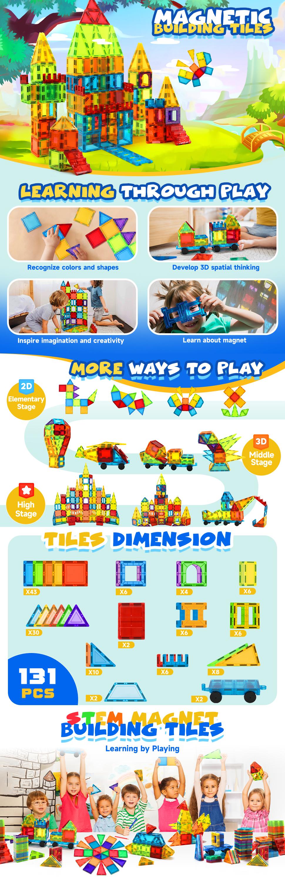 ALPHA GROUP 131PCS Magnetic Tiles Set with 2 Cars for Kids Age 4-8 STEM Magnet Blocks for Creative Play Safe & Versatile Building Toys for Toddlers 3-5