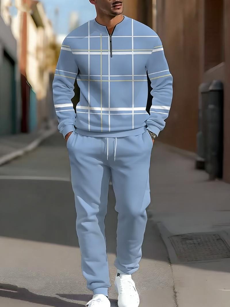 Men's Fashion Casual Zipper Stand Collar Long Sleeve Hoodie & Pants Set in Light Blue with White Stripes and Navy Blue Bottoms