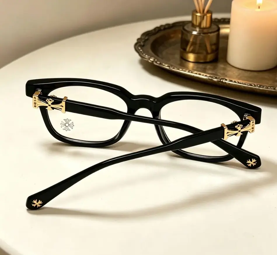 Chrome Hearts Black Square Fashion Glasses, Clear Lens Retro Eyewear with Silver Decorative Temple Accents, Lightweight Non-Prescription Frames