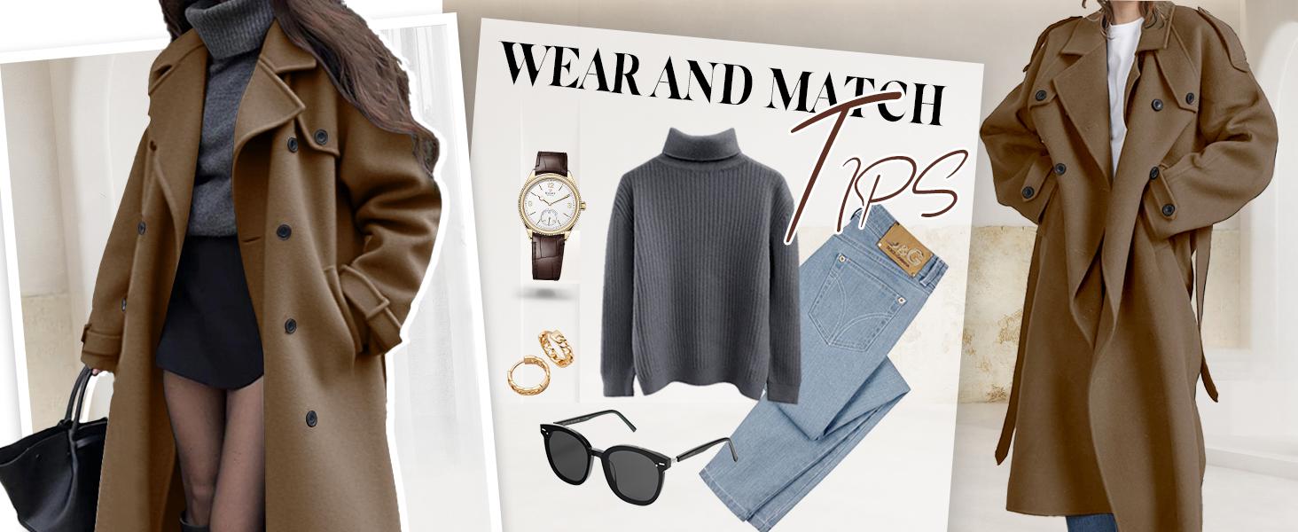 Chouyatou women's winter wool blend mid-length coat notched lapel double-breasted long-sleeved trench coat with belt SpringStatements