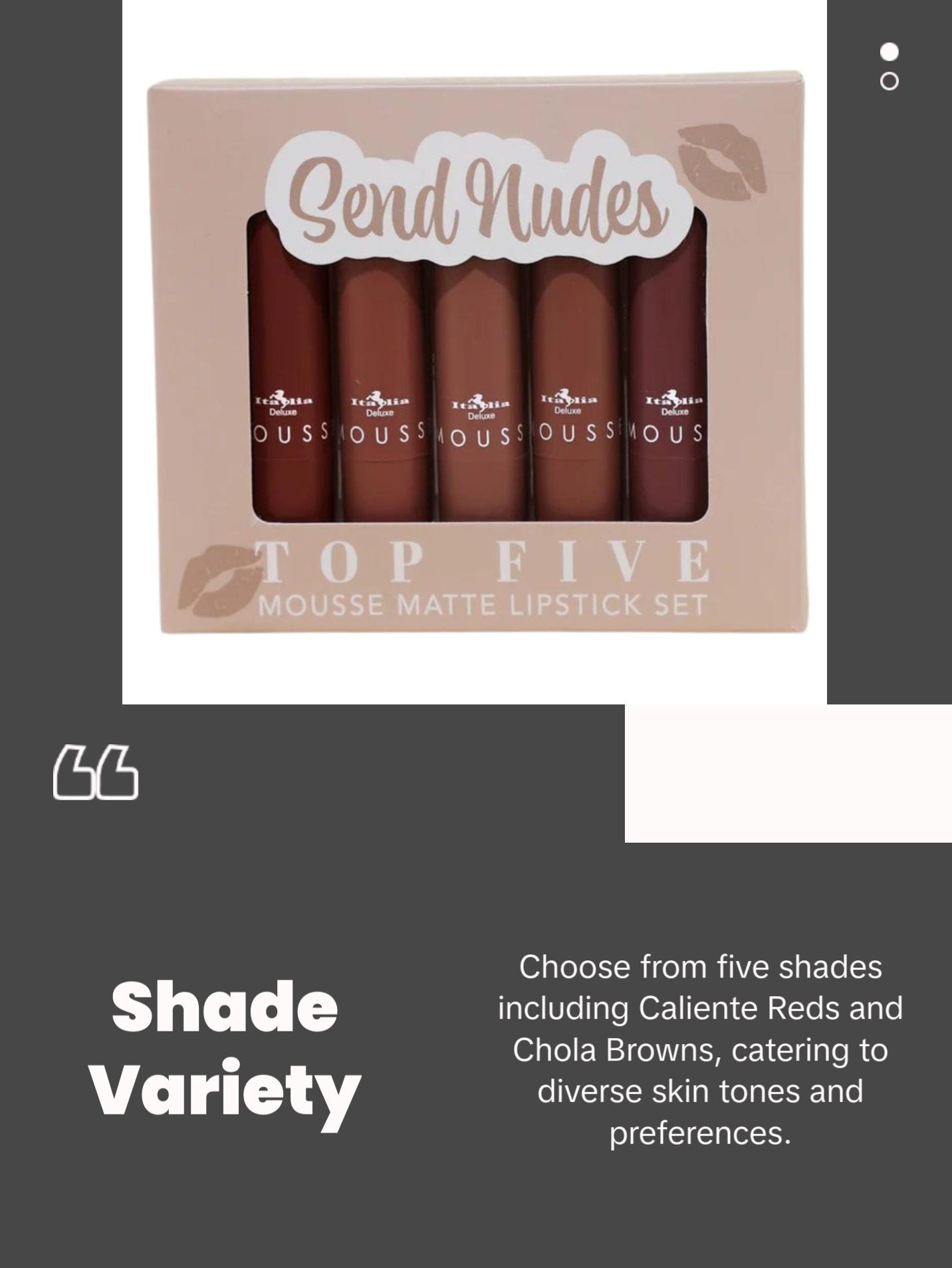 Italia Deluxe Top Five Mousse Matte Lipstick Set - Hydrating Transparent Long Lasting Lipsticks for Lip Makeup - Caliente Reds, Chola Browns, Modest Mauves, Send Nudes - Cosmetic