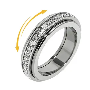 Anxiety Rings for Women and men Titanium Steel Spinner Fidget Band Rings Cubic Zirconia Relieving Anxiety Wedding Promise Lucky Rings Comfort Fit Size 5 to 10 Valentine’s Day gift