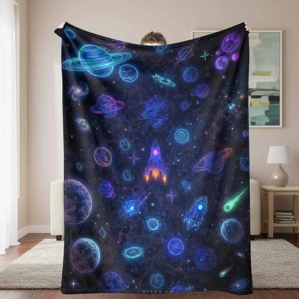 Galaxy Rocket Flannel Blanket - Cosmic Space Astronomy Print, Breathable, Soft, Lightweight Warmth, 30 to 39 in Throw for Adults, Bedroom, Daily Office Home Decor Gift, Anti-Pilling, Starry Sky