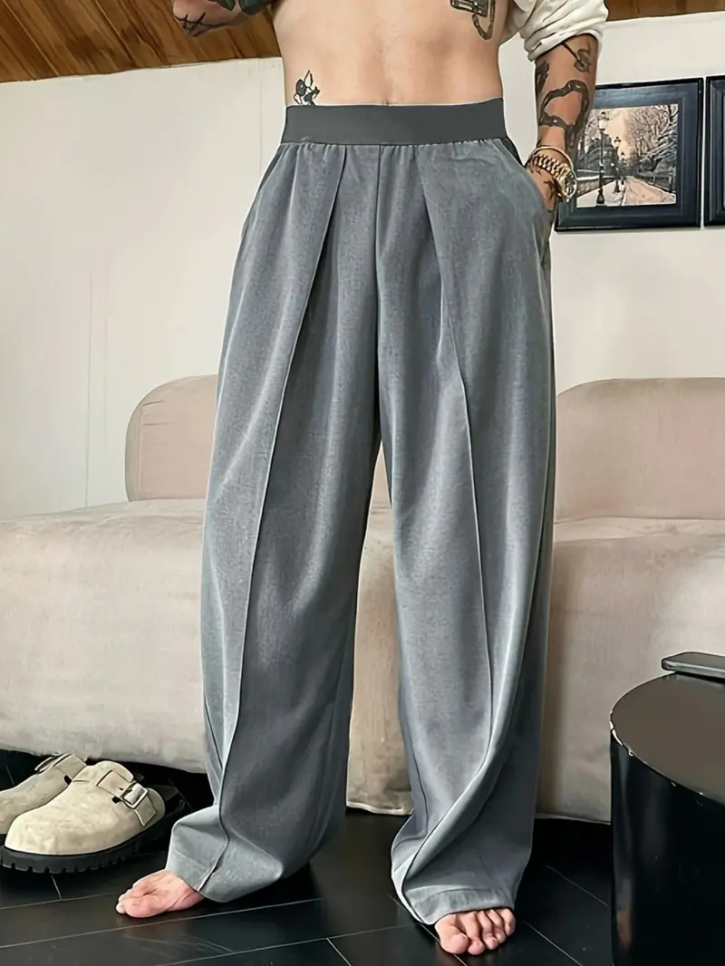 Men's Solid Color Pleated Loose Wide-Leg Dress Pants Relaxed Fit Draped Straight-Leg Trousers with Elastic Waistband & Slant Pockets for Commuting Business Travel All-Season Wear - Formal sohochic