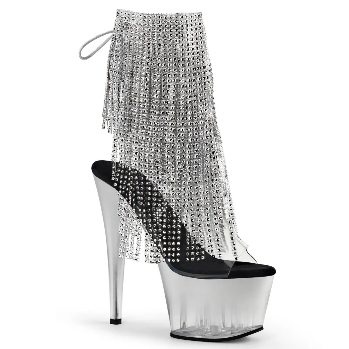Pleaser Women's Fringe Boot, Chic Open-Toe Stiletto Shoe with Chrome Plated Rhinestone Bling, Lace-Up Back, 7" High Heel Footwear, Fashion Apparel, Lacy, Stylish