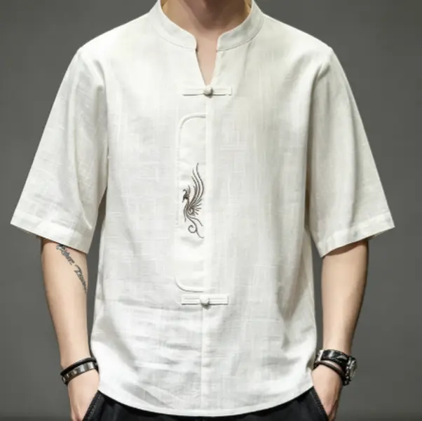 Men's Classic Chinese Textured Natural Linen Shirt with Phoenix Embroidery, Mandarin Collar, Frog Knots, and Pocket, Minimalist, Fabric, Menswear, Elegant
