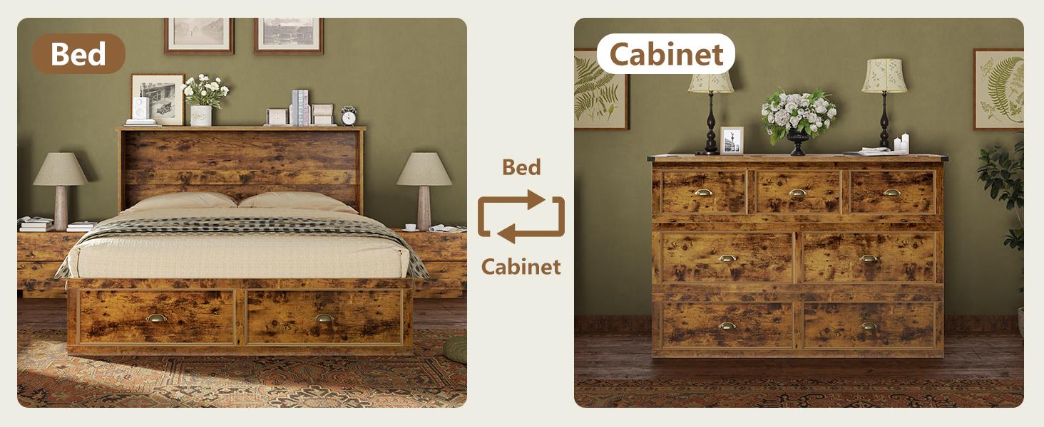 [Ships in 2 Boxes] VanAcc Murphy Bed, Farmhouse Cabinet Bed Frame with Charging Station and Storage Drawer for Bedroom/Office/Guest Room