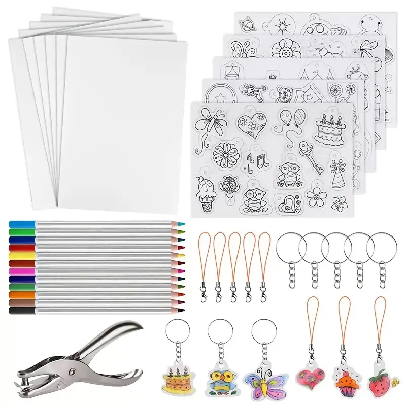 Pre-Cut Shrink Art Craft Kit with Colored Markers, Zinc Alloy Keychains & Accessories for DIY Craft Making, Shrinky Dinks, Keychain Making Kit, Includes Charms And Keychains