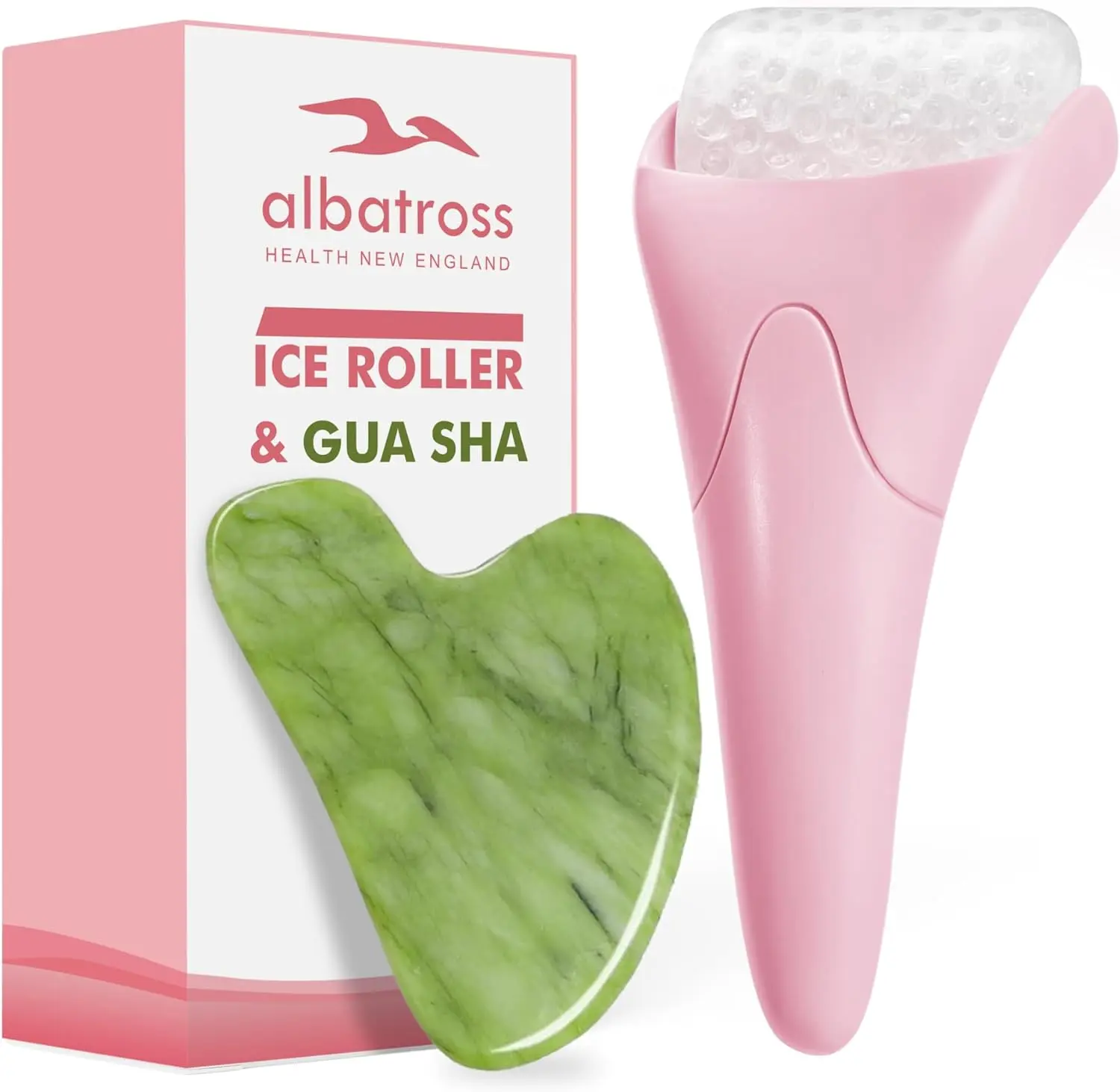 Albatross Health Multi-Pack Ice Roller & Jade Gua Sha Facial Tools - At-Home Routine Skincare Tools for Lymphatic Drainage, Reducing Wrinkles & Puffiness, Debloating Face, Smooth Skin, Hydration, Targets Jawline, Cheeks & Nose with Upward Glide, Rejuvenat