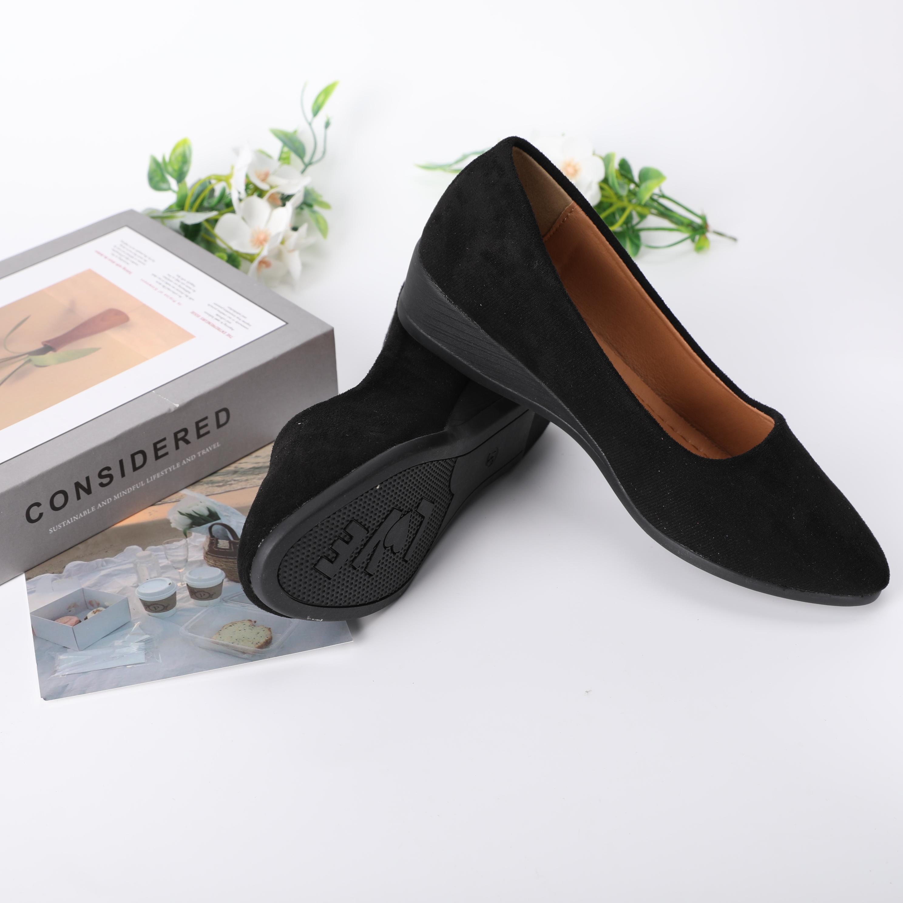 Women's Black Wedge Heels Work Shoes - Wide Fit Waterproof Rain Suede Pumps Round Toe Elegant Comfortable Insole Shallow Mouth Heeled Footwear Office Shoes for Women