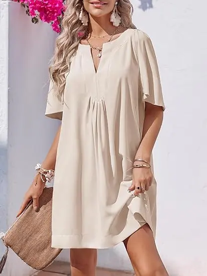 Wenrine Women's Flutter Short Sleeve Mini Dress Casual V Neck Loose Flowy Summer  Shift Dresses Fit Womenswear - TikTok Shop