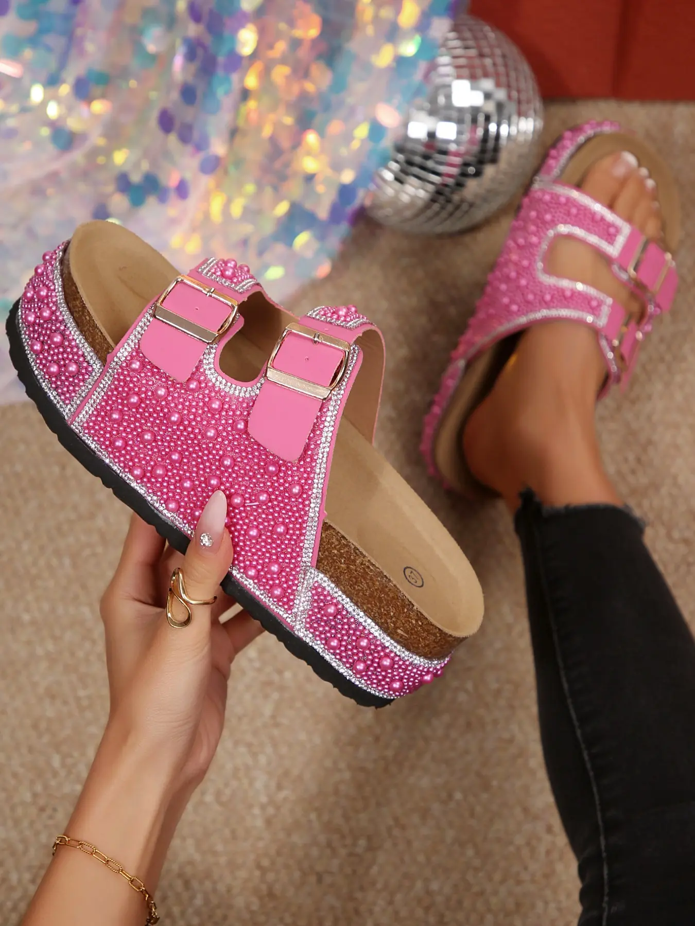 Women's Bohemian Style Slippers, PU Leather Plain Design, Fashionable Less Than Ankle Height, Pearl Rhinestone Braided Thick Sole