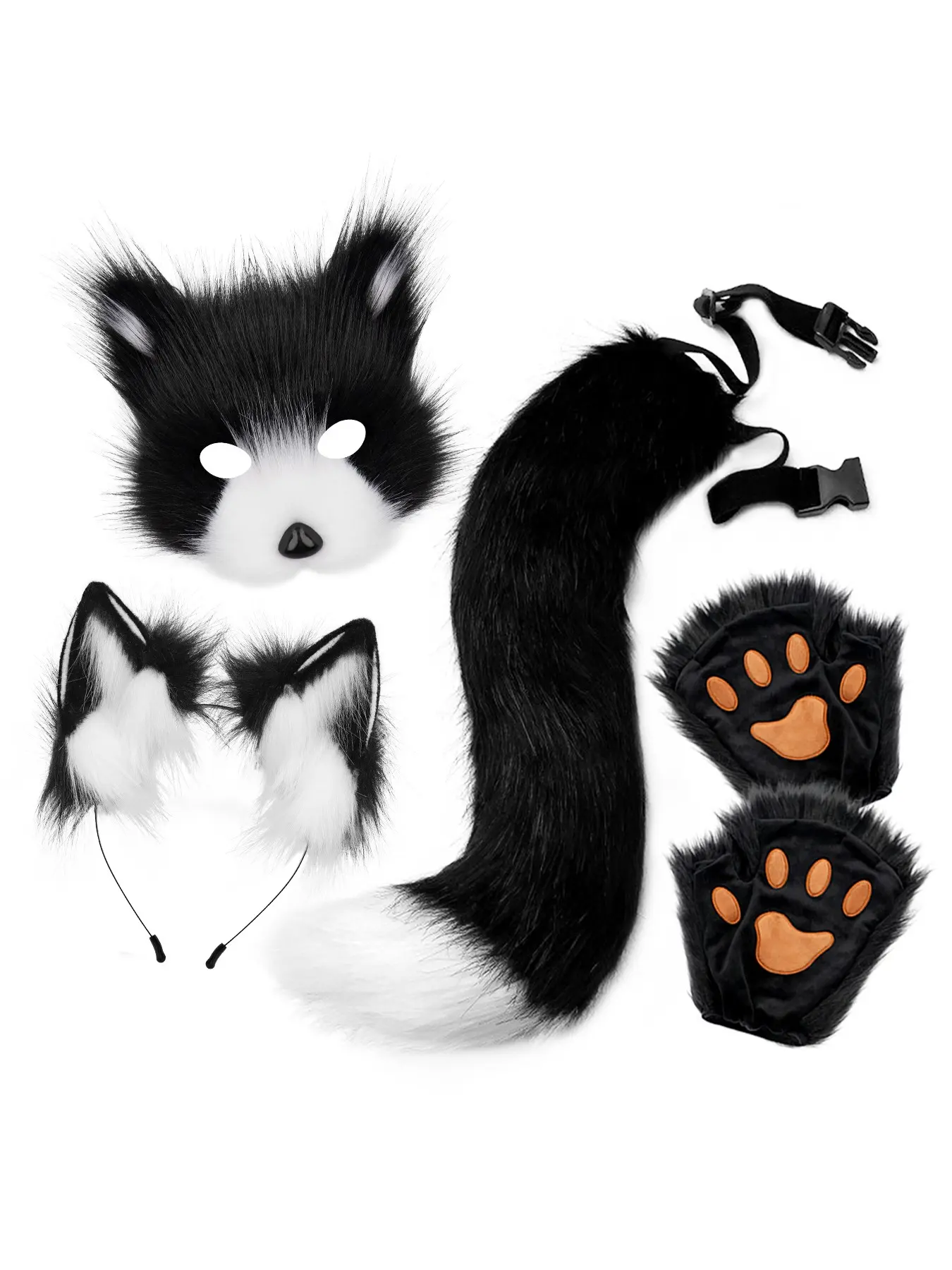 F Furry Fox Costume Set with Therian Mask, Ears Headband, Tail, Paw Gloves for Halloween Cosplay, Perfect for Festive Events, Party Costume, Costume for Parties