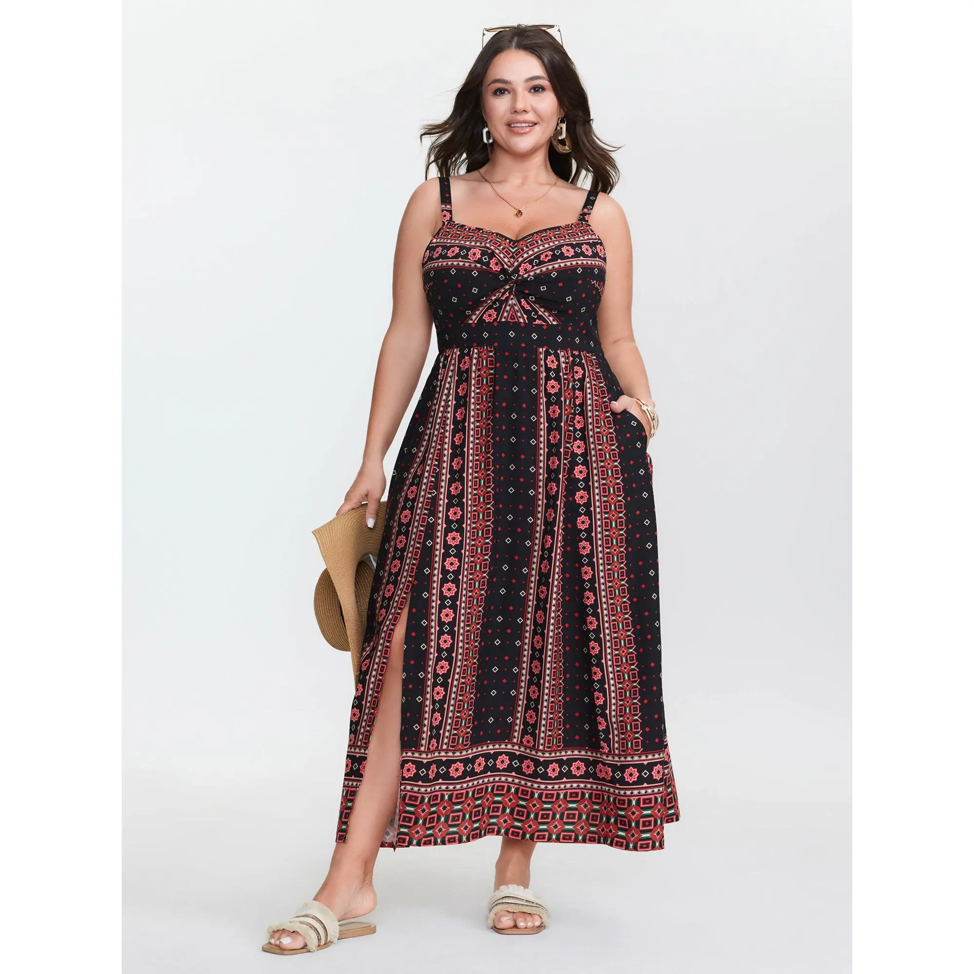 BloomChic Women's Plus Size Boho Rayon Maxi Dress - Sleeveless Cami with Color Contrast Print, Pockets, Flowy Fit, Curvy Clothing for Boho Earthy Girl Resort Summer Casual Wear, Bohemian, Fashion Apparel, Plussize