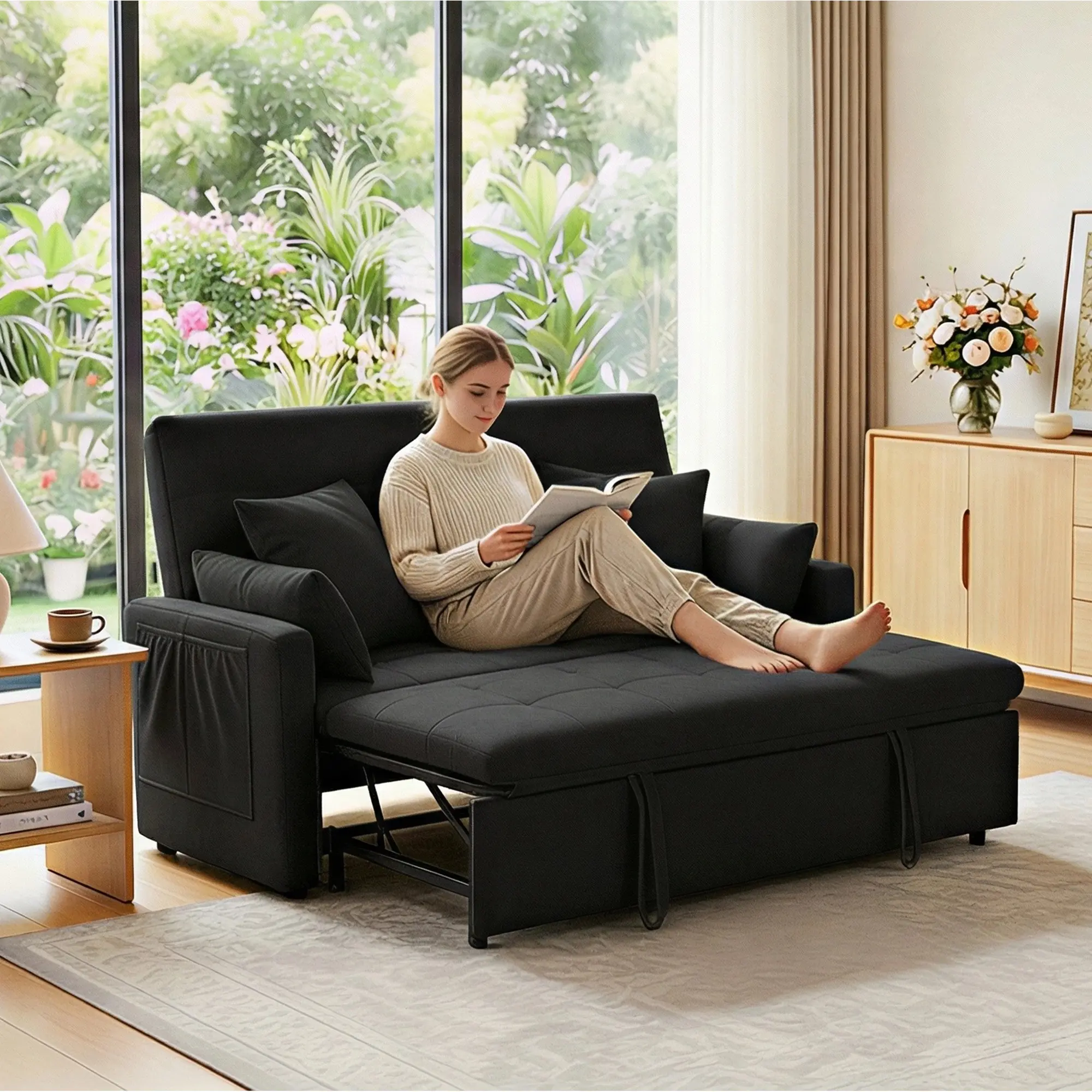 SZLIZCCC 60inch 3-in-1 Convertible Sleeper Sofa Bed | Modern Linen Loveseat Futon | Reclining Backrest + Pull-Out Bed | Compact Design for Small Living Rooms | Includes Toss Pillows & Storage Pockets | Grey