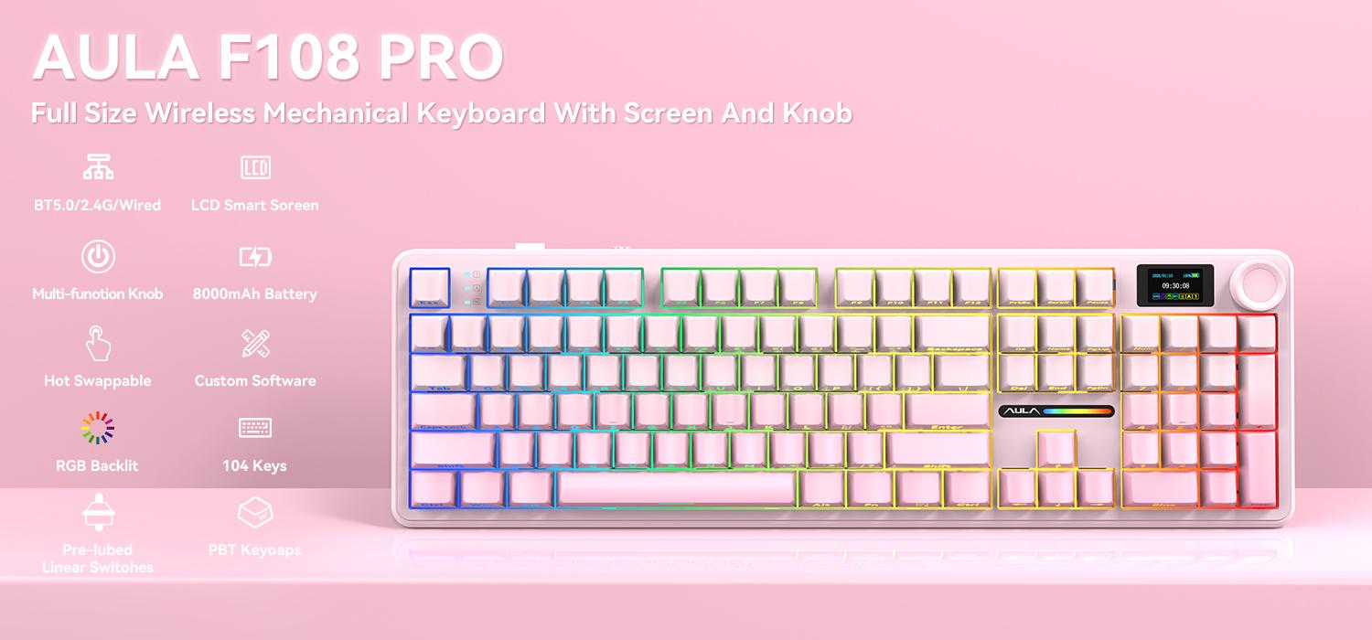 AULA F108 PRO，Full Size Wireless Gasket-mounted Gaming Keyboard with Screen and Knob Smart Screen NumPad Tri-Mode RGB Backlit Hot SwappableCustomize Keyboard E-Sports Office ComputerAccessories