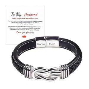 To My Son/Husband Infinity Knot Bracelet, Forever Linked Together Bracelets Stainless Steel Braided Leather Inspirational Bracelets Engraved Jewelry for Birthday Gift Jeweley