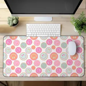 Happy Smiling Face Desk Mat Pink Boho Retro Smile Face Mouse Pad, Office Accessories, Desk Decorations, Work Essentials, Gift for Her/Him, Extra Large Gaming Mousepad