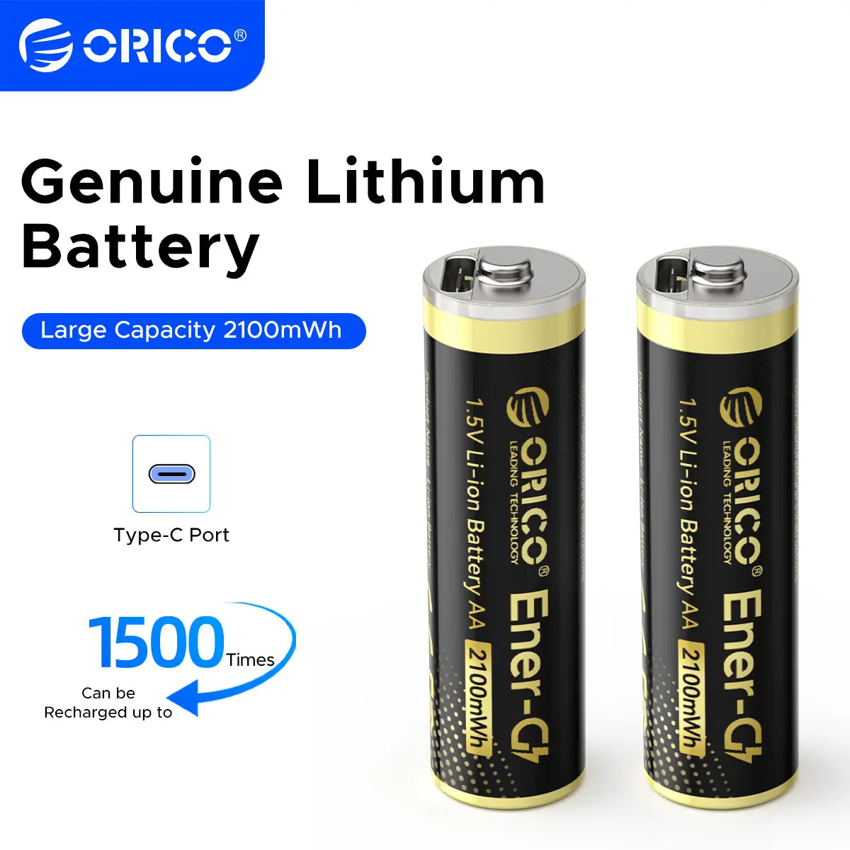 ORICO Ener-G Rechargeable AA Lithium Batteries, 1.5V 2100mWh USB-C Portable Battery Powered, 2H Fast Charging, 1500+ Cycles, Camera Accessories for Camera Controllers, Flashlights