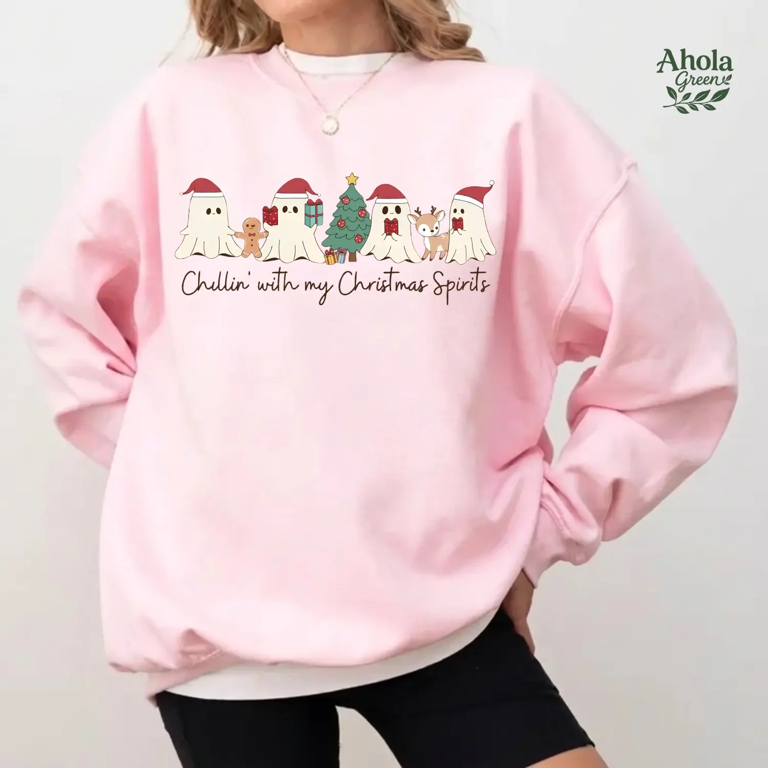 Christmas Ghost Sweatshirt, Cute Holiday Ghost Graphic Pullover, Festive Tree and Reindeer Design, Cozy Winter Unisex Sweatshirt