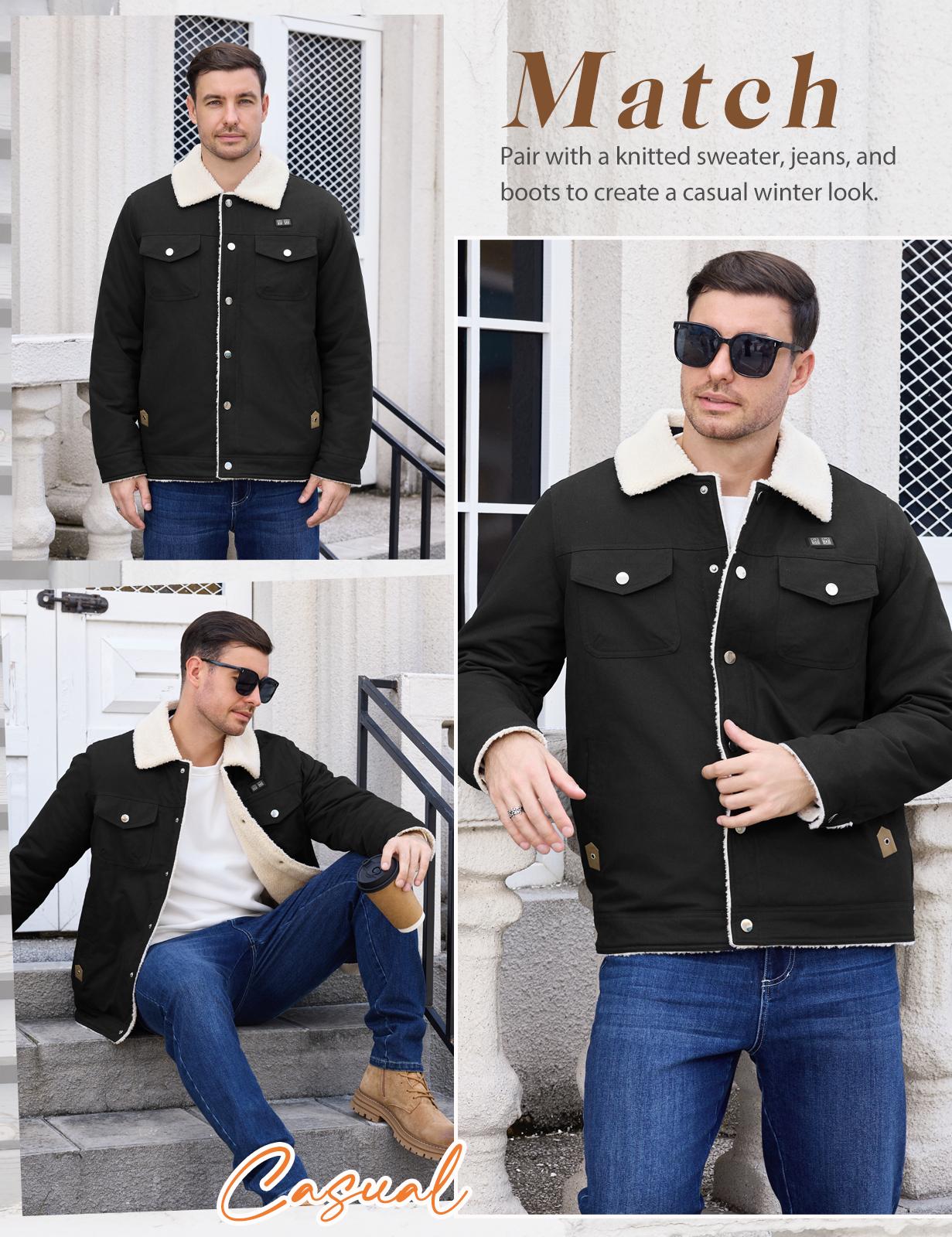 UMIPUBO Men's Heated Fleece Jacket with 5 Heat Zones, Sherpa Lining, Snap Closure, Warm Winter Outdoor Coat