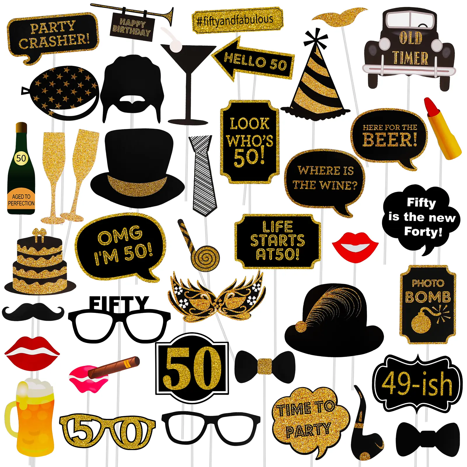 50th Birthday Photo Booth Props - 41 Pcs Black and Gold Funny Birthday Party Decorations for Men & Women, Fifty and Fabulous Anniversary Party Supplies, Printed Gold Glitter Selfie Props Kit with 9.8" Sturdy Sticks & Adhesive