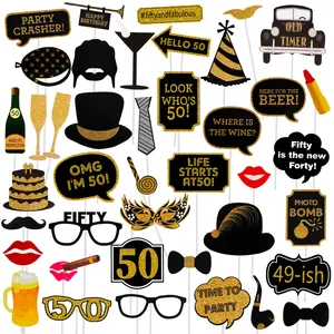 50th Birthday Photo Booth Props - 41 Pcs Black and Gold Funny Birthday Party Decorations for Men & Women, Fifty and Fabulous Anniversary Party Supplies, Printed Gold Glitter Selfie Props Kit with 9.8" Sturdy Sticks & Adhesive