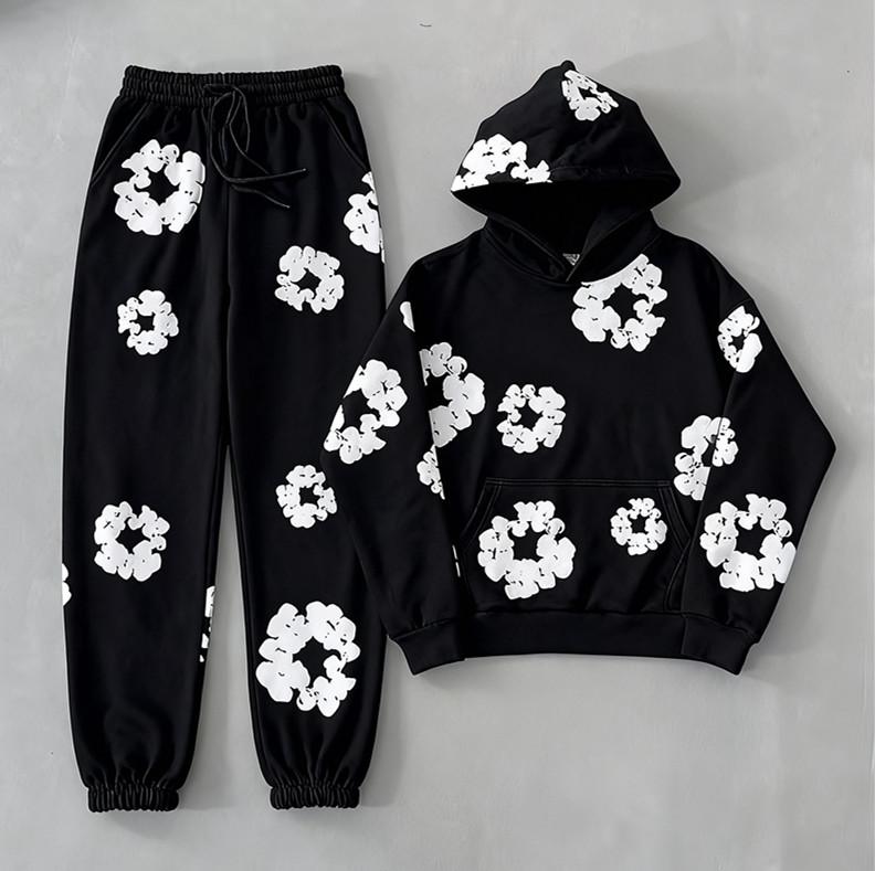 DENIM TEARS Brand Hot Selling New Fashionable Cotton Foamprinted Hoodie European and American Trendy Men's Sportssuit Pink Floral Design with Hood and Drawstring