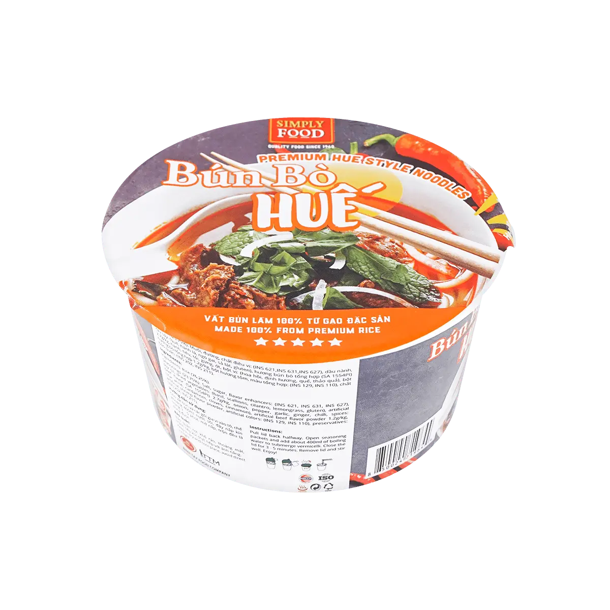 SIMPLY FOOD Spicy Beef Pho Noodle Soup Bowl - Authentic Vietnamese Rice Noodles, 72g