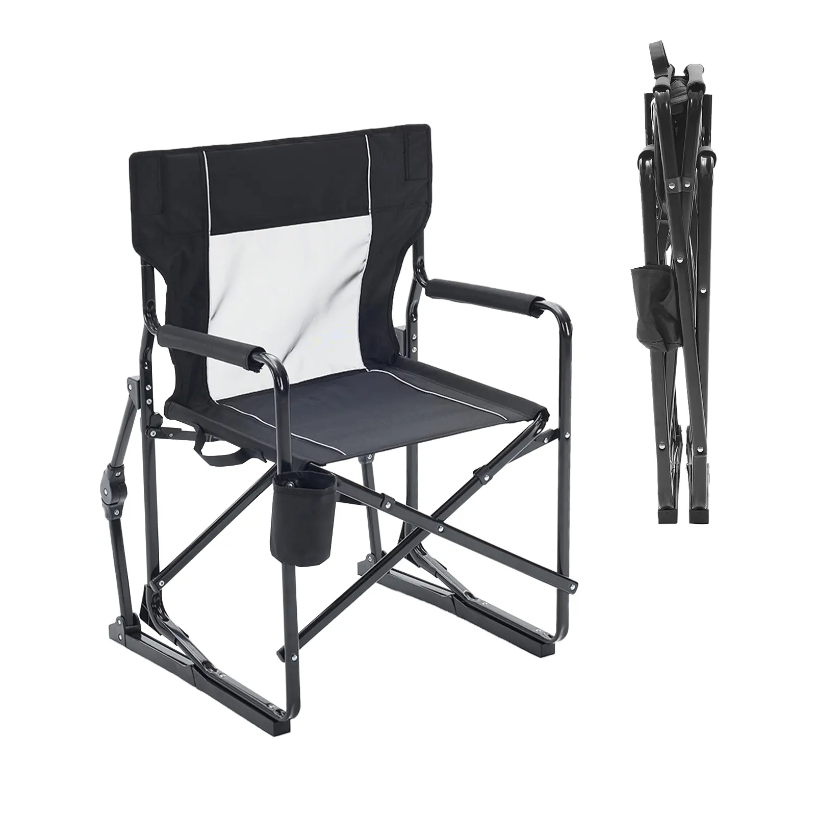 【Father's Day Gift】Folding Camping Rocking Chair with Cup Holder, Outdoor Portable Lawn Chair Mesh Back Breathable, Heavy Duty Chair for Beach Patio