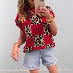 Womens Leopard Print Top Crewneck Checkerboard Short Sleeve Knit Sweater Vest Womens Leopard Print Top Crewneck Checkerboard Short Sleeve Knit Sweater Vest
