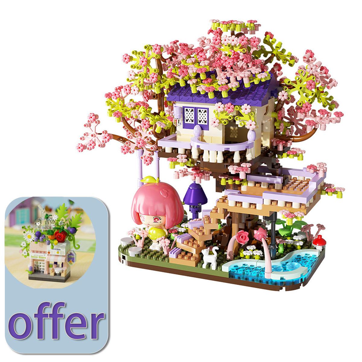 Cherry Blossom Tree House Building Block Villa Wooden Assembly Educational Toy with Detailed Floral Decor for Kids and Adults