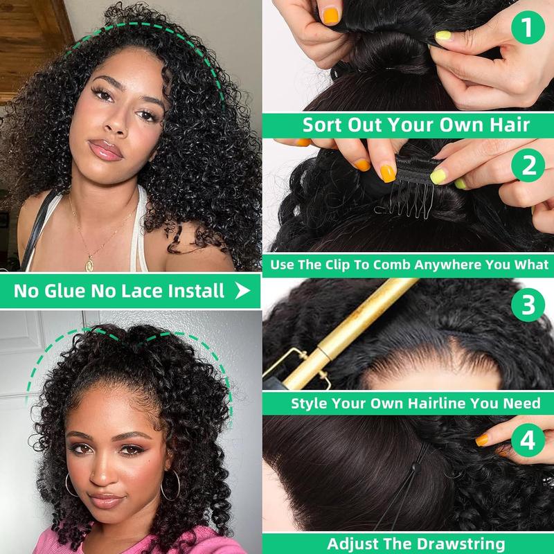 Kinky Curly Half Wig Synthtic Hair180Density curly 3In1 Half Wig Drawstring Seamless Flip Over Ready And Go Glueless Wigs With Beginner Friendly Upgrade Headband Wig for Women Daily Wear 14Inch