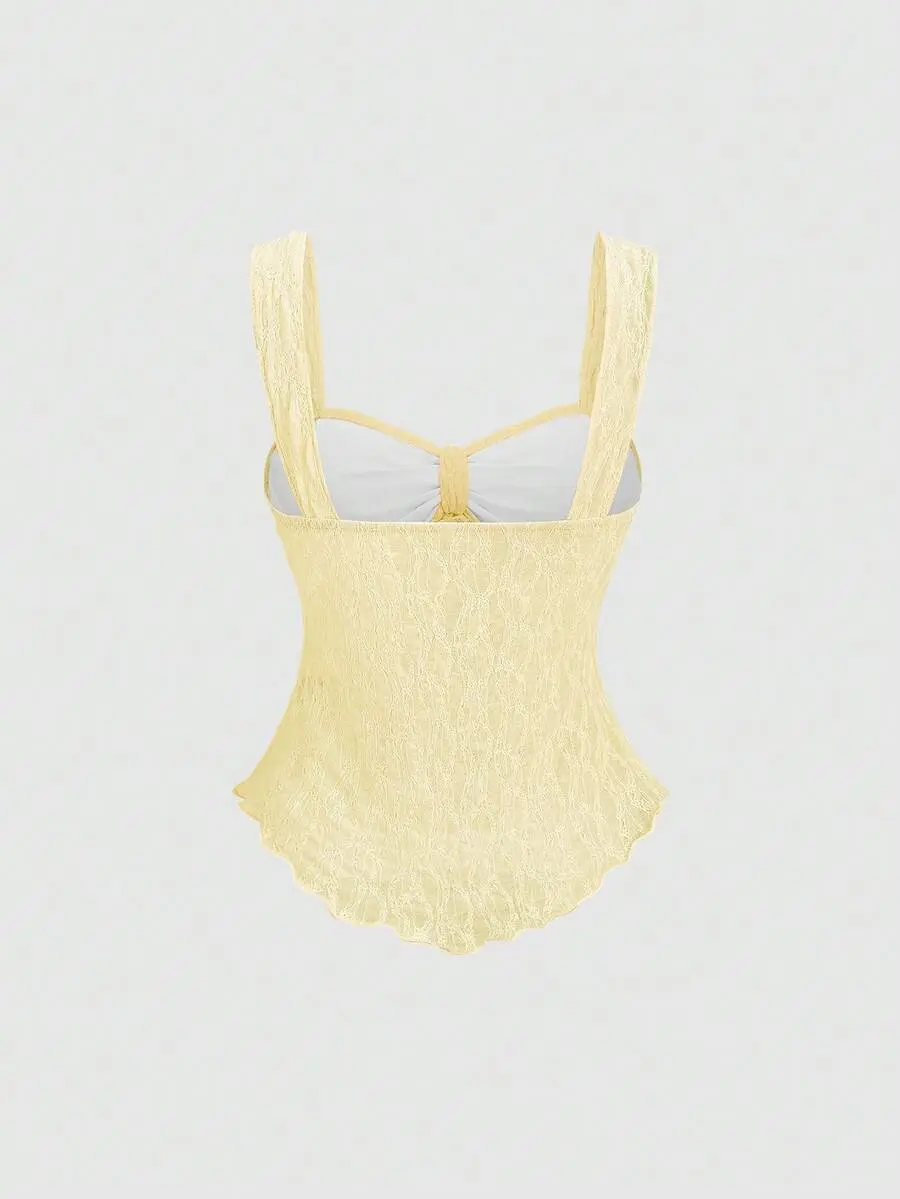 Women's Casual Lace Crop Top, Basic Ruched Spaghetti Strap Cami with Bowknot, Asymmetrical Hem and Sheer Elastane