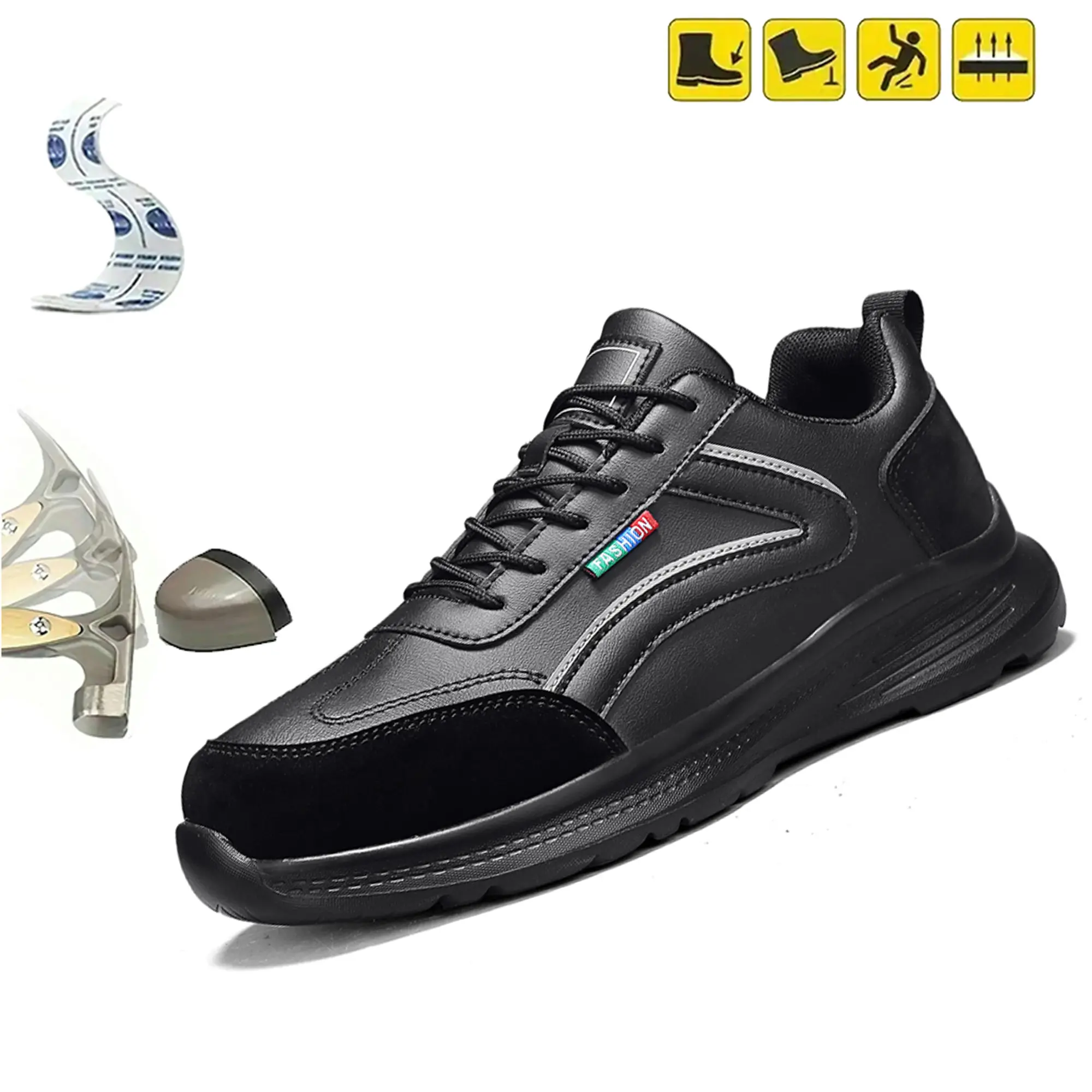 Men’s safety work shoes, wide fit, large size, steel toe cap for impact protection and puncture resistance, roomy design, wear-resistant leather upper