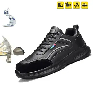 Men’s safety work shoes, wide fit, large size, steel toe cap for impact protection and puncture resistance, roomy design, wear-resistant leather upper
