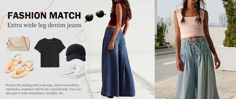 Chouyatou Women's Loose Wide-Leg Jeans Mid-Rise Elastic Waist Drawstring Flared Pleated Ruffle Button Jeans for Comfortable Stylish Wear Pants Dark Blue Plus Size Casual Denim Trousers