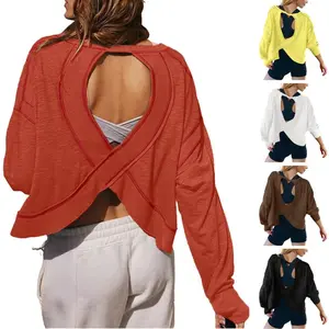 WoodBerry Women's Open Back Workout Top Long Sleeve Athletic Shirts Casual Yoga Y2k Athletic Gym Slouchy Crop Running Tees