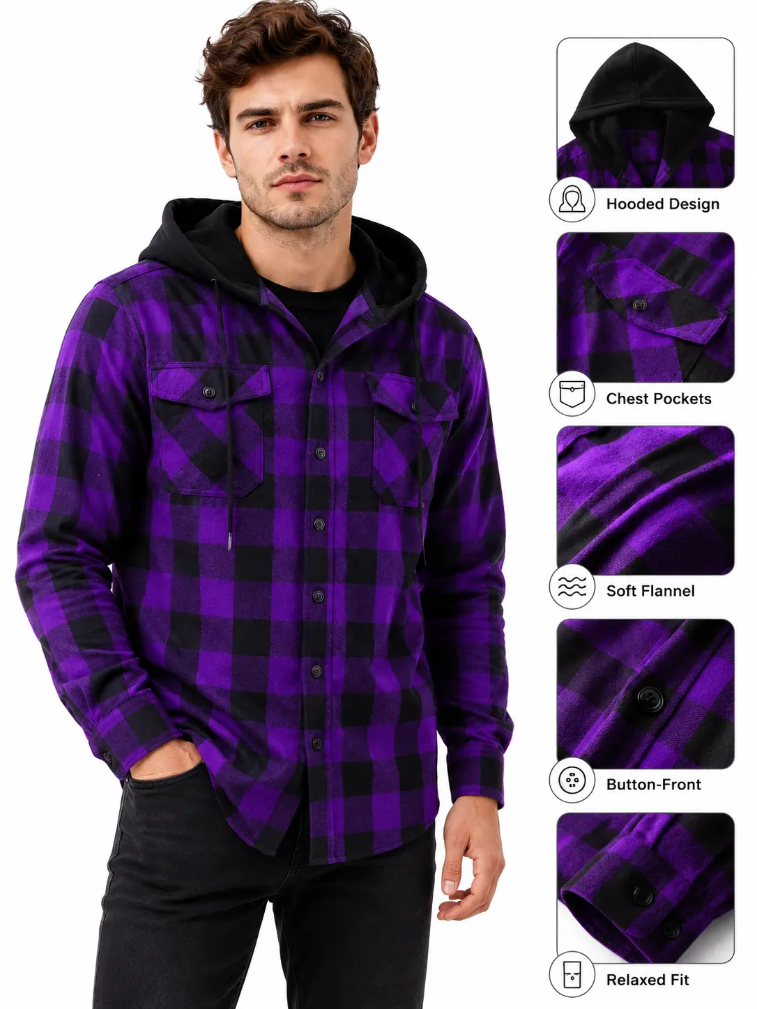 Men's Oversized Hooded Long Sleeve Plaid Flannel Shirt Jacket - Quick-Dry Woven Menswear with Hooded Coverage for Casual Fall Golf, Athletic Streetwear, M