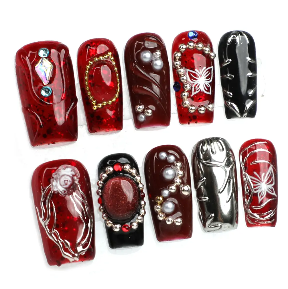 MuseMoodNails PG25 Handmade Medium Square 3D Gel Press-On Nails, 10-Pack Acrylic Fake Nails, Reusable, Long-Lasting, Salon-Ready, Vegan-Safe, Acrylic Press On Nails
