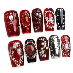 PG25 | Handmade Medium Square 10 PCS 3D Gel Press-On Nails | Reusable, Long-Lasting, Salon-Perfect Finish，3D Gel fake nails acrylic press nails