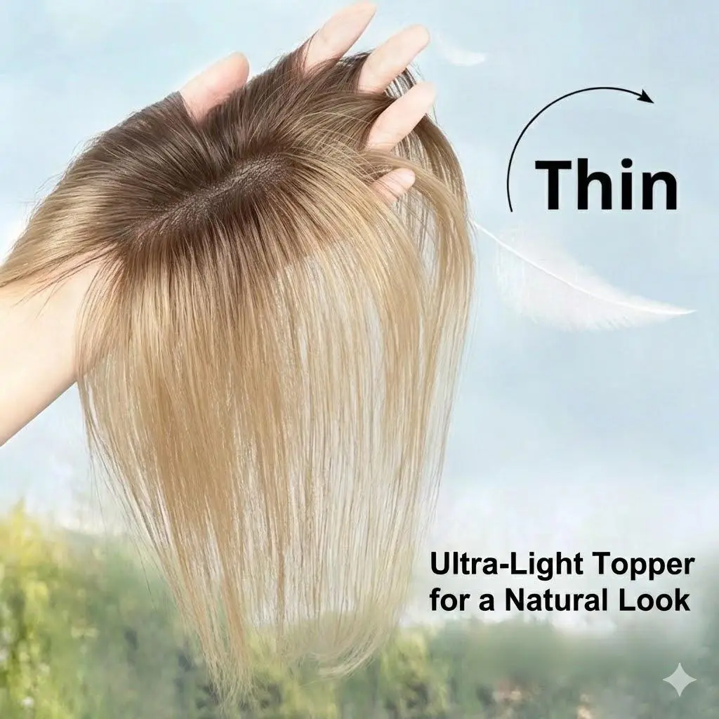 EC 14-Inch Free Parting Clip-In Synthetic Hair Topper - 7.5x11cm Hand-Tied Base, Natural Straight Extensions, Casual/Work Use, Classy Volume Solution for Thinning/Gray Hair, Face-Slimming Frame, Rich Gradient Colors, Soft Fiber Piece
