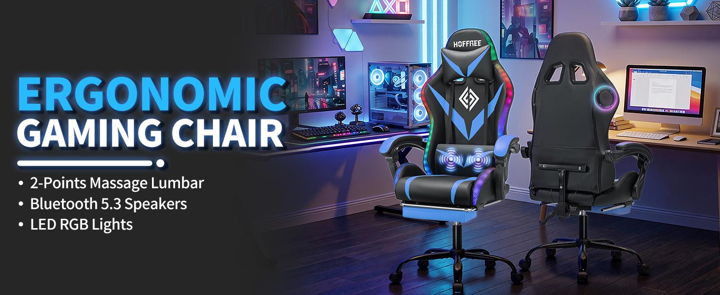 HOFFREE Gaming Chair with LED Lights & Massage | Bluetooth Speakers, Footrest & Adjustable Recline